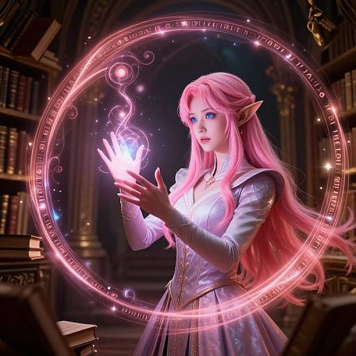 Digital fantasy artwork of a pink-haired elf woman with blue eyes, glowing magic circle, and ethereal light emanating from her hands, in a dim