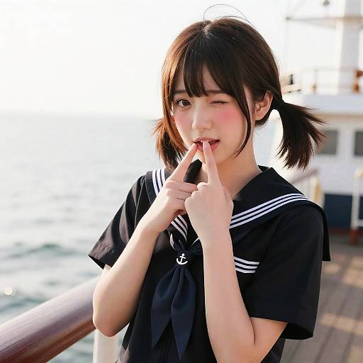 Playful Admiral Girl on Ship Deck