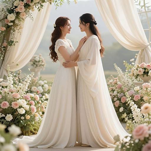 Photograph of two women in white, lace-trimmed dresses, standing in an outdoor floral archway, facing each other, arms around each other