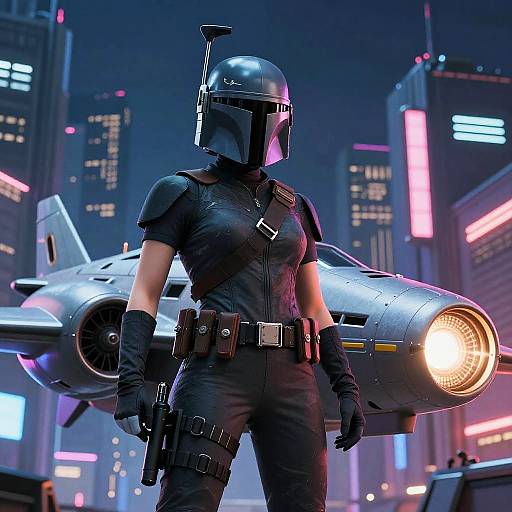 Neon Bounty Hunter with Sleek Interceptor