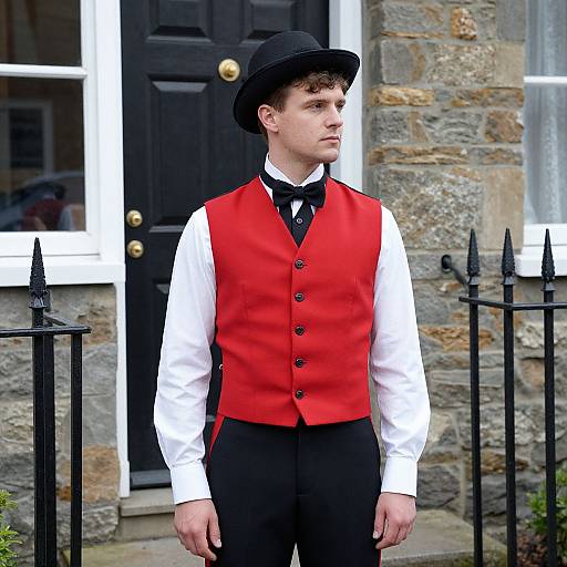 Photograph of a young Caucasian man with curly brown hair, wearing a black bowler hat, white shirt, black bow tie, red vest, and