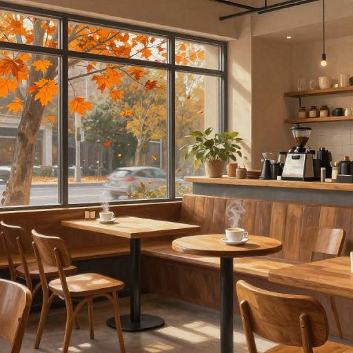 Cozy autumn café with large windows showing orange leaves, wooden tables and chairs, potted plant, coffee makers, and warm sunlight.