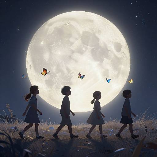 Digital anime-style illustration: Silhouetted children walking in front of a glowing full moon, surrounded by colorful butterflies, in a grassy field.