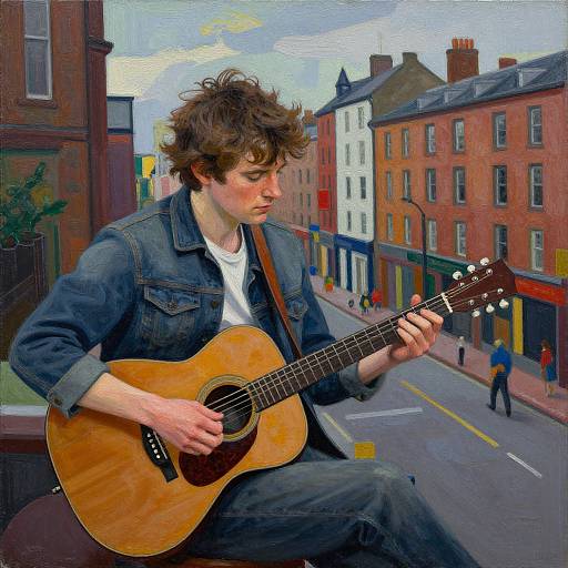 Young man with curly brown hair, denim jacket, and white shirt, playing acoustic guitar on a colorful, urban street painting.