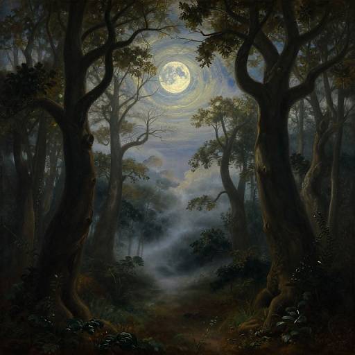 Mysterious forest moonlit scene: glowing full moon shrouded in mist, surrounded by dark, twisted trees, with shadowy underbrush and eerie