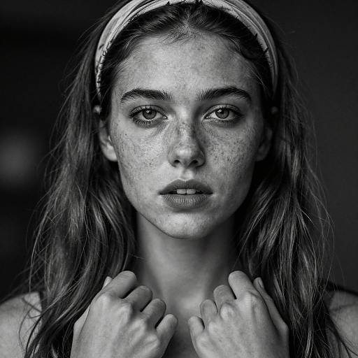 Monochromatic photograph of a freckled young woman with long hair, headband, and intense gaze, hands near neck, dark background.