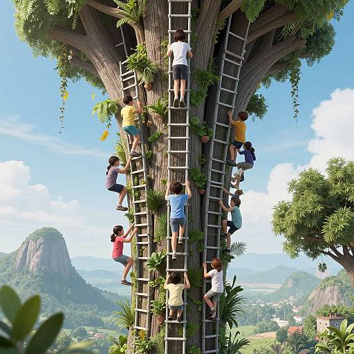 Digital illustration of children climbing multiple ladders up a giant tree, surrounded by lush greenery, with a distant mountain and village below. Bright blue sky