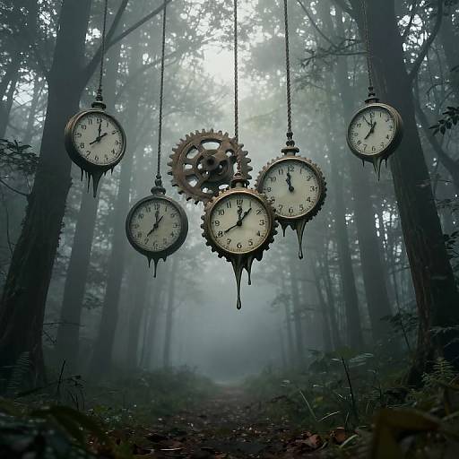 Photograph of seven vintage, clock-shaped pendulums with gears hanging in a misty, dense forest, creating a surreal, eerie atmosphere.