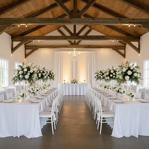 Elegant wedding reception hall photograph: white round tables with floral centerpieces, white chairs, wooden ceiling beams, chandelier, and bright natural light.