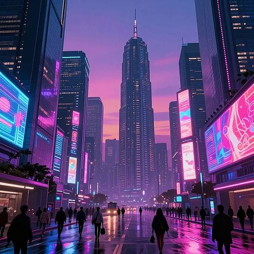 Neon-lit urban street at dusk, featuring reflective wet pavement, silhouetted pedestrians, and towering skyscrapers with vibrant, colorful LED