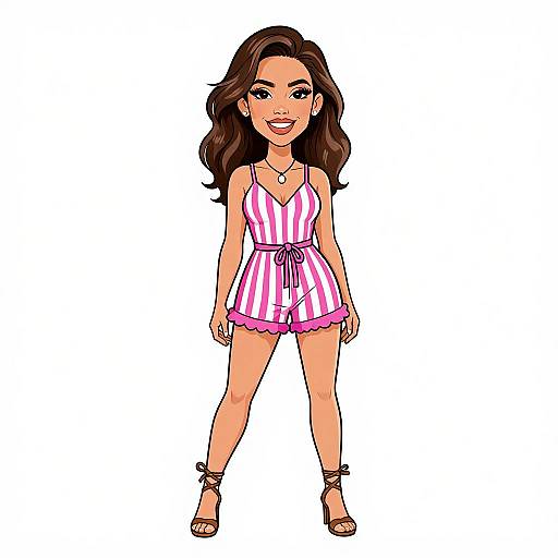 Cartoon-style drawing of a smiling woman with long brown hair, wearing a pink and white striped romper with pink trim and brown sandals, standing against