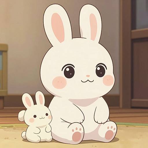 Cute digital drawing of a large white bunny with pink ears and cheeks, sitting beside a smaller white bunny, in a warmly lit, wooden room.