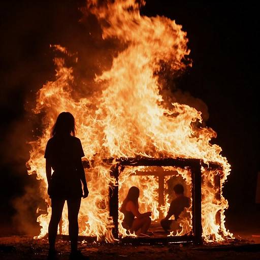 Nighttime Blaze with Silhouette and Flames