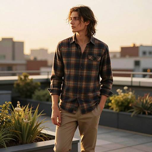 Young Man with Long Fringe Hairstyle on Rooftop at Dusk