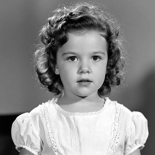 Black-and-white photograph of a young girl with curly hair, wearing a white, puffed-sleeve dress, looking directly at the camera.