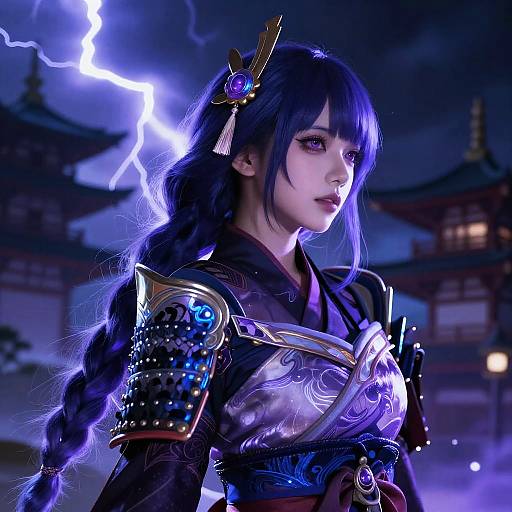 Digital art of a Japanese warrior woman with purple hair, braid, and elaborate armor, illuminated by lightning, against a dark, traditional Asian temple backdrop