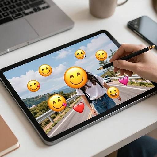 Photograph of a hand drawing smiley and heart emojis on a tablet screen showing a person in a white shirt and blue jeans on a highway. Laptop