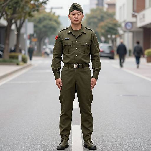 Photograph of an Asian male soldier in olive green uniform, standing on a blurred urban street, with trees and pedestrians in the background.