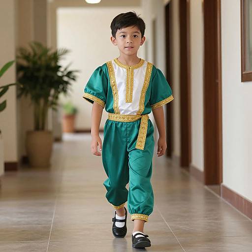 Photograph of an Asian boy with short black hair, wearing a green and white traditional outfit with yellow trim, walking down a sunlit hallway.
