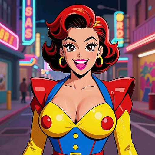 Vibrant digital art of a smiling woman with red hair, large breasts, yellow and blue outfit, red shoulders, golden earrings, neon-lit