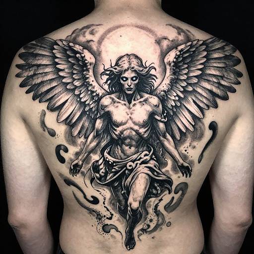 Black and grey tattoo of muscular angel with large wings, flowing robe, and halo on a pale-skinned, shirtless back. Photorealistic style