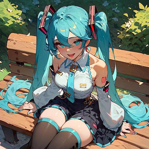 Smiling Blushing Hatsune Miku on Park Bench