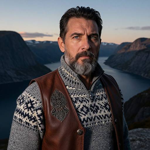 Photograph of a rugged, middle-aged man with dark hair and beard, wearing a patterned sweater and brown leather vest, standing against a mountainous