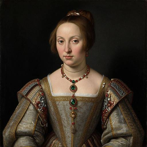 Renaissance portrait of a fair-skinned woman with brown hair in an updo, wearing an ornate, embroidered gray gown with puffed sleeves