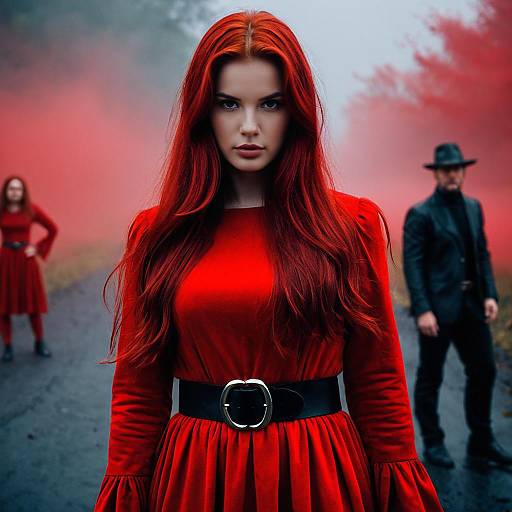 Woman in Red Dress with Red Mist Background