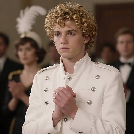 Young man in white military-style jacket