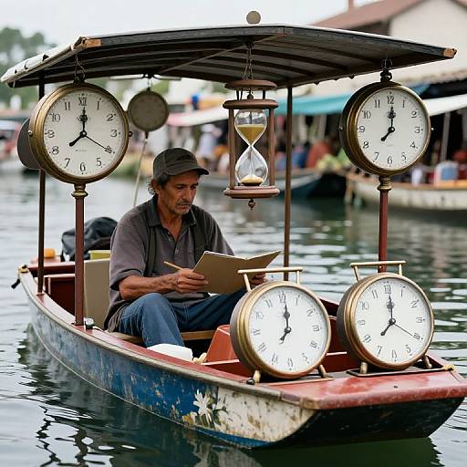Photograph of an older man in a boat with four large clocks, an hourglass, and a hat, reading papers on a river.