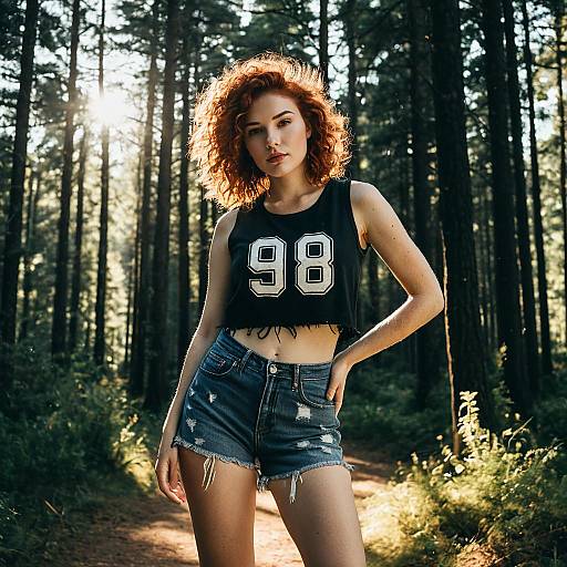 Young Woman in Cropped Tank and Denim Shorts in Forest