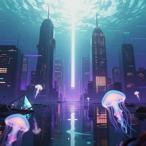 Neon-lit futuristic cityscape with glowing skyscrapers, jellyfish floating in water, and a bright, ethereal light beam from the sky