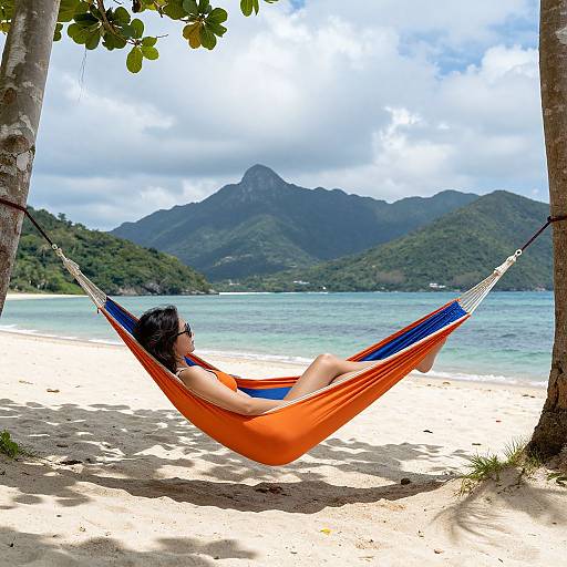 Woman Relaxing on Tropical Beach Hammock