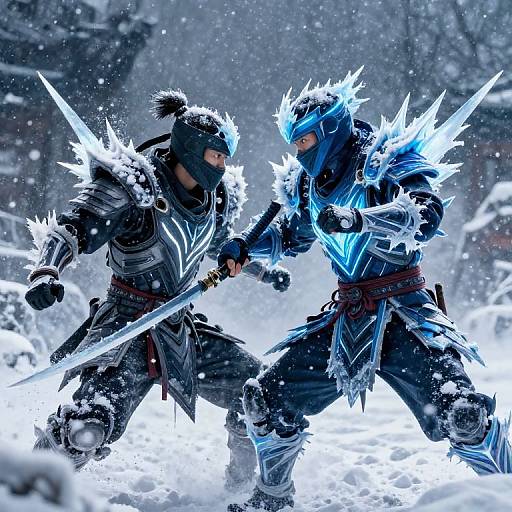 Photorealistic digital artwork of two armored warriors in a snowy forest, clashing swords with glowing ice armor, intense winter battle scene.