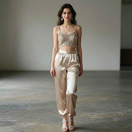 Photograph of a slender, dark-haired woman in a sparkling gold crop top and shiny, high-waisted satin pants, walking on a gray concrete