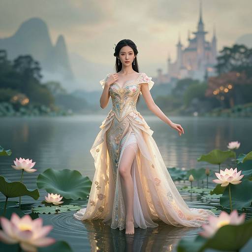 Digital artwork of a beautiful Asian woman in a shimmering, gold-embellished gown with a thigh-high slit, standing in a serene lake surrounded