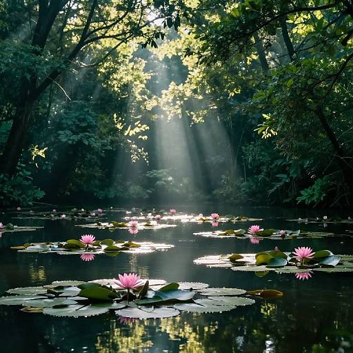 Photograph of a serene forest pond with sunlight filtering through dense trees, illuminating pink water lilies and green lily pads floating on the reflective water