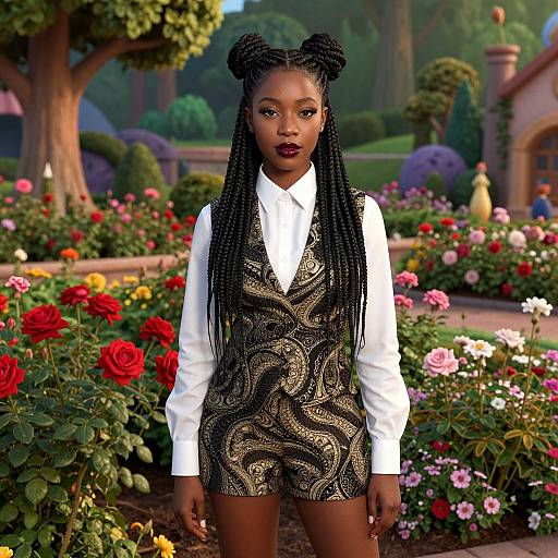 Photorealistic digital art of a dark-skinned woman with braided hair, wearing a white shirt and black patterned vest, standing in a vibrant