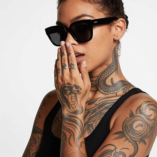 Tattooed woman with dark hair in bun, black sunglasses, and tank top, covering mouth with tattooed hand against white background. Photographic