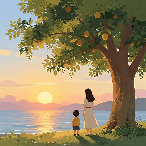 Digital illustration: A woman in a white dress and a boy in yellow stand under an orange tree, watching a sunset over a calm lake.