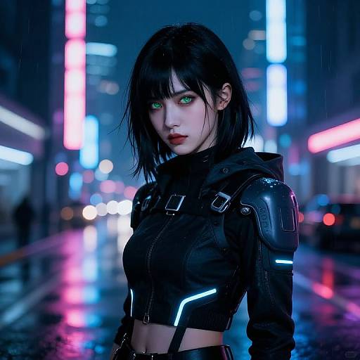 Digital art of a serious, green-eyed woman with black hair, wearing a futuristic black leather jacket, standing in a neon-lit, rainy city street