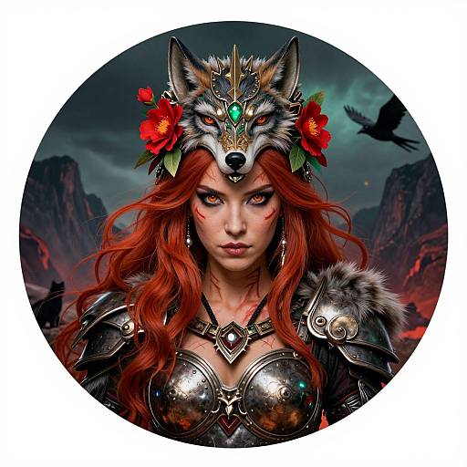Digital art of a fierce, red-haired woman with a wolf head helmet, adorned with flowers, in dark, metallic armor, set against a stormy