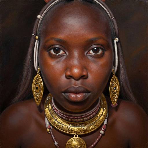 Photorealistic portrait of a dark-skinned African woman with large, gold, teardrop earrings, intricate gold necklace, and headpiece, against