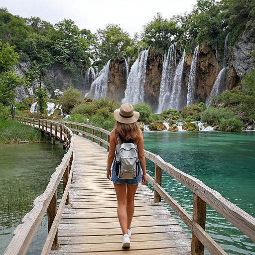 Photograph of a woman in a sunhat and denim shorts walking on a wooden bridge towards multi-tiered waterfalls with greenery.