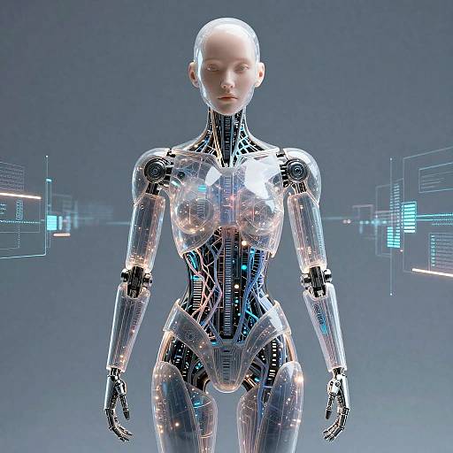CGI image of a bald, female, humanoid robot with a shiny, metallic body, displaying intricate circuitry patterns, standing against a futuristic, blue