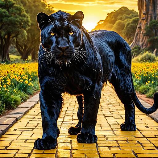 Black Panther on Yellow Brick Road at Sunset