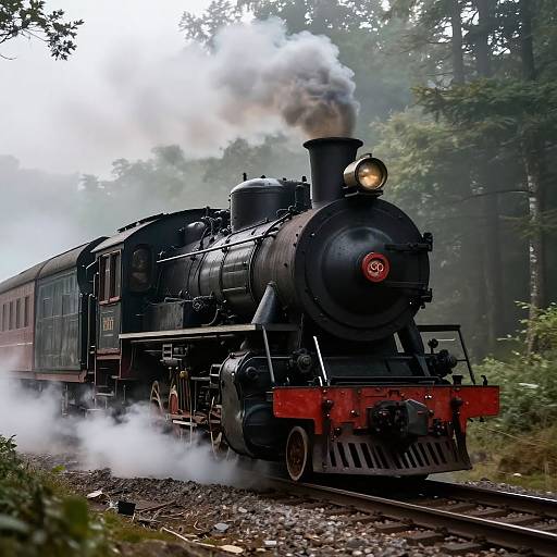 Photograph of a vintage black steam locomotive with white smoke, red front, and green and maroon passenger cars, traveling through a misty,