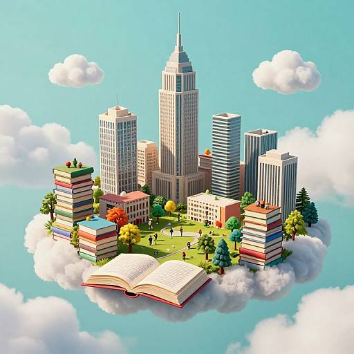 CGI illustration of a floating city with skyscrapers, colorful stacked books, trees, an open book, and small figures, set against a bright