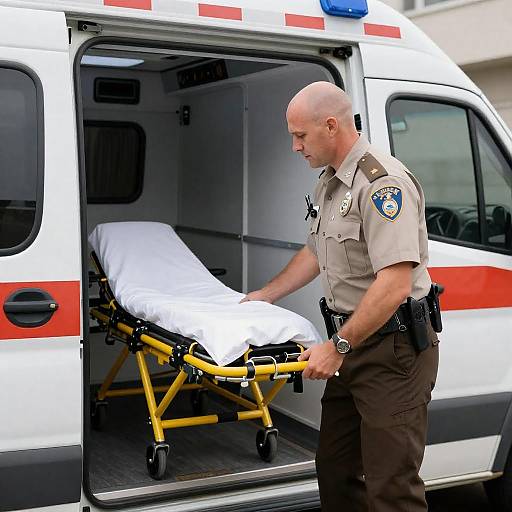 Bald Officer with Ambulance Stretcher